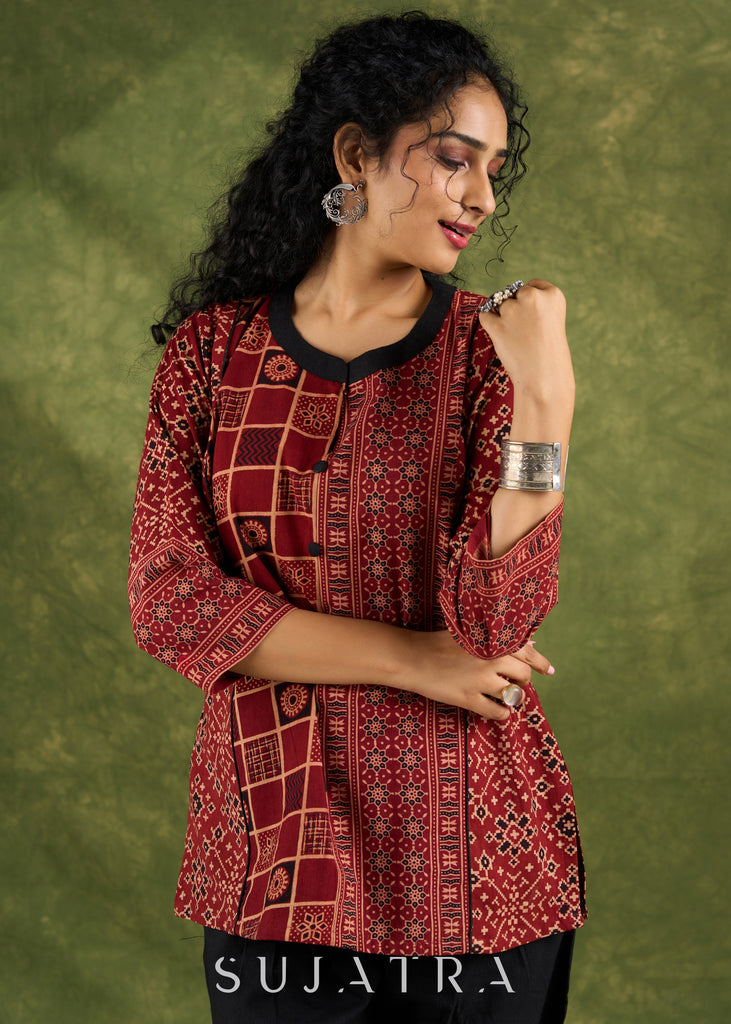 Classic  Ajrakh Combination Maroon Cotton Top