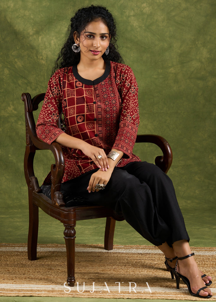 Classic  Ajrakh Combination Maroon Cotton Top