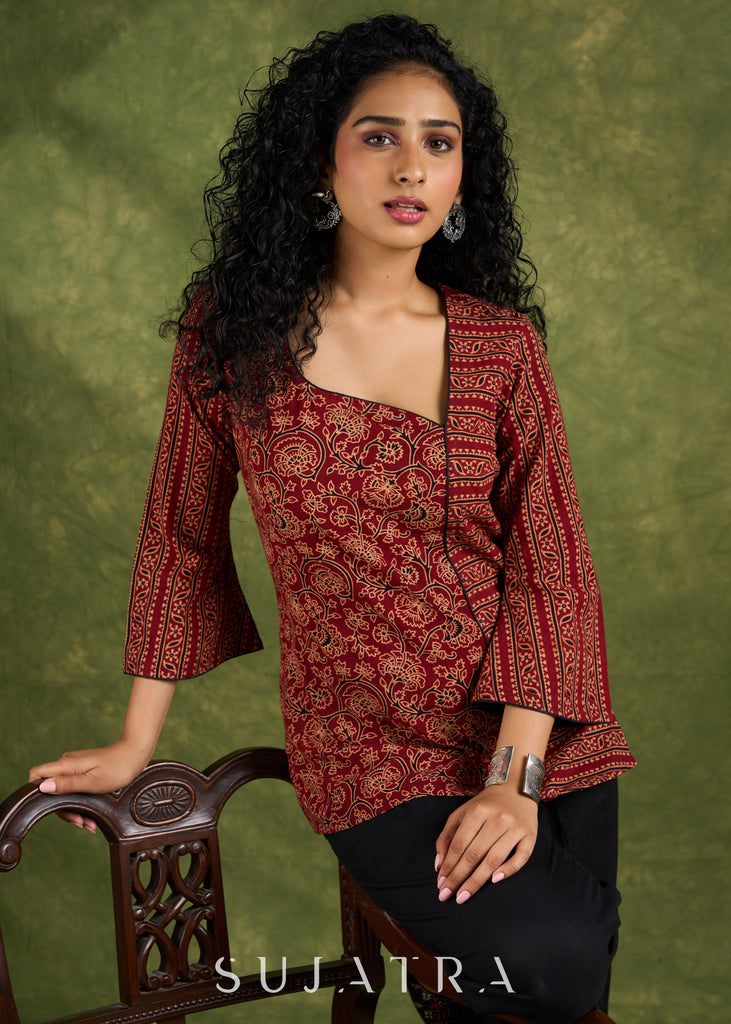 Stylish Ajrakh Combination Maroon Cotton Top with Beautiful Neck