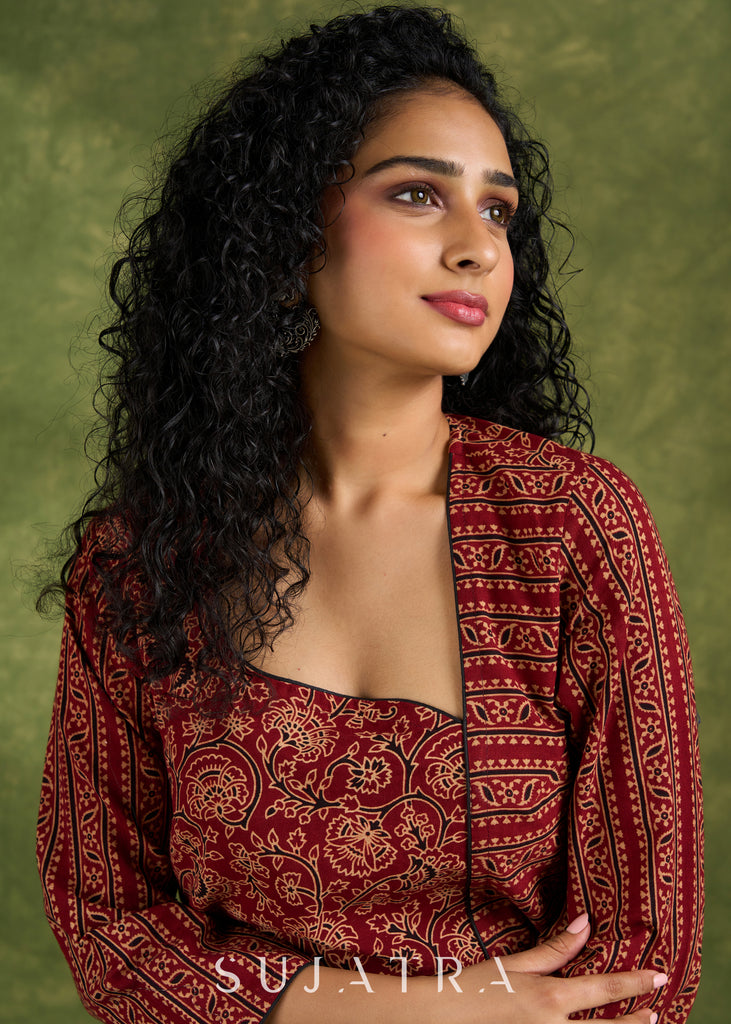 Stylish Ajrakh Combination Maroon Cotton Top with Beautiful Neck