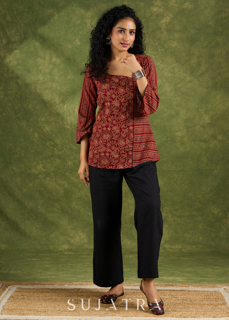 Stylish Ajrakh Combination Maroon Cotton Top with Beautiful Neck