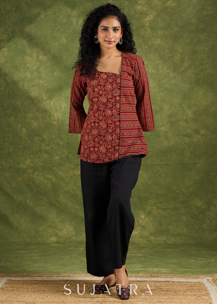 Stylish Ajrakh Combination Maroon Cotton Top with Beautiful Neck