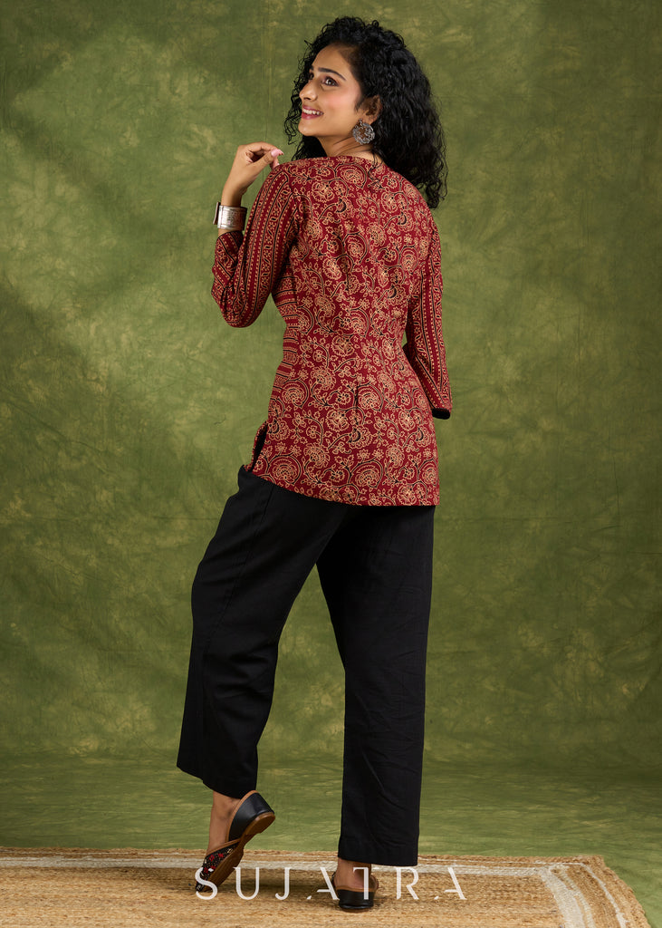 Stylish Ajrakh Combination Maroon Cotton Top with Beautiful Neck