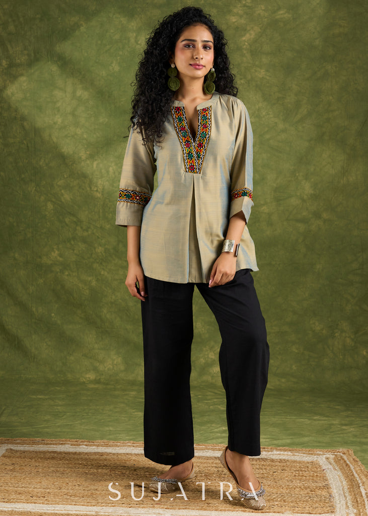 Elegant Olive Gold Cotton Silk Mirror Work Top