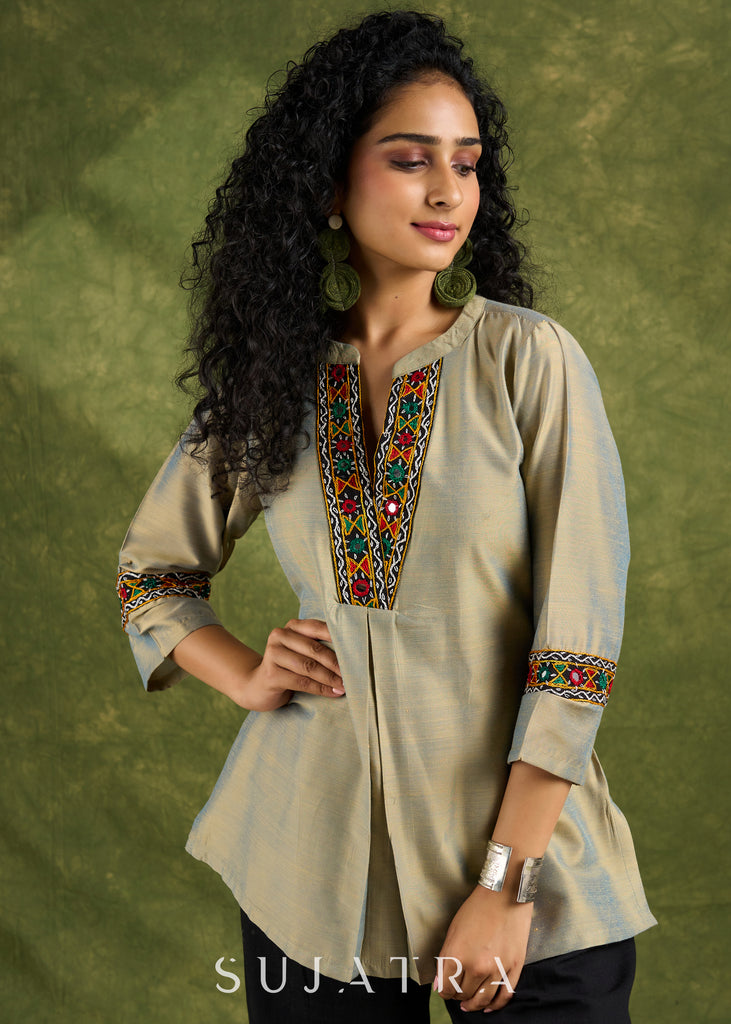 Elegant Olive Gold Cotton Silk Mirror Work Top