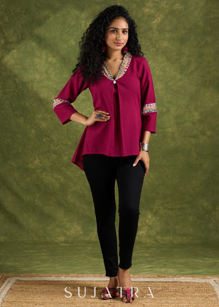 Vibrant Magenta Cotton Top With Traditional Hand Painted Madhubani Details.