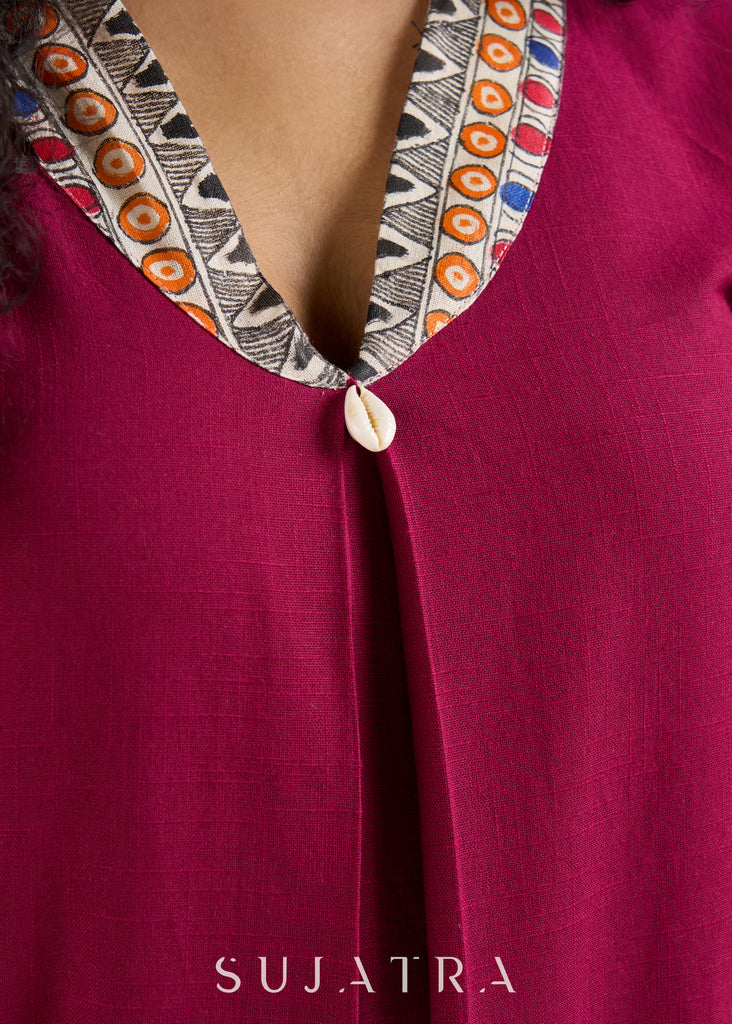 Vibrant Magenta Cotton Top With Traditional Hand Painted Madhubani Details.