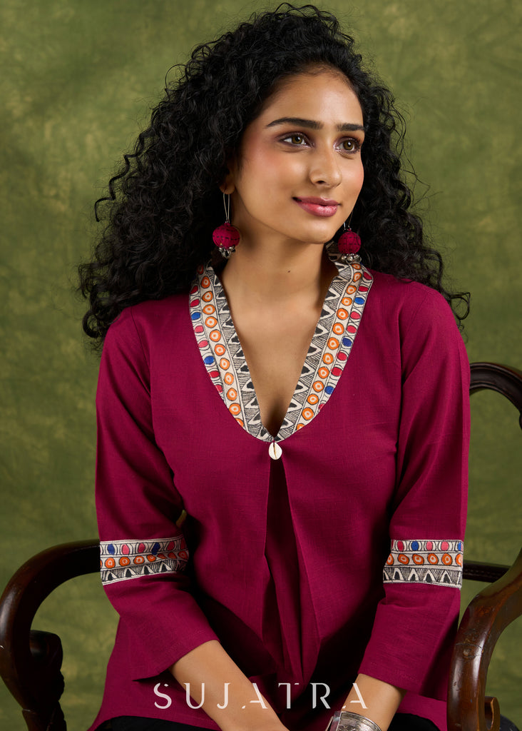 Vibrant Magenta Cotton Top With Traditional Hand Painted Madhubani Details.