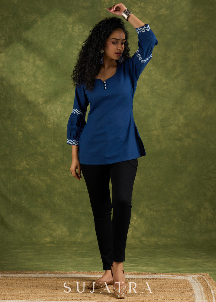 Navy Blue Cotton Top With Indigo Gathered Sleeves.