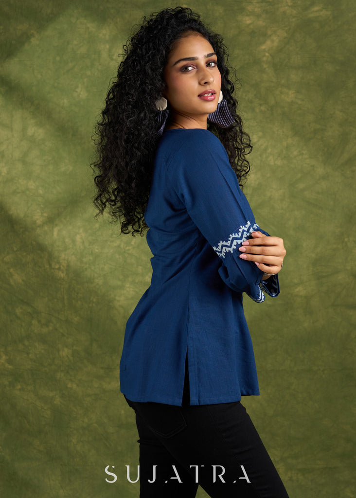 Navy Blue Cotton Top With Indigo Gathered Sleeves.