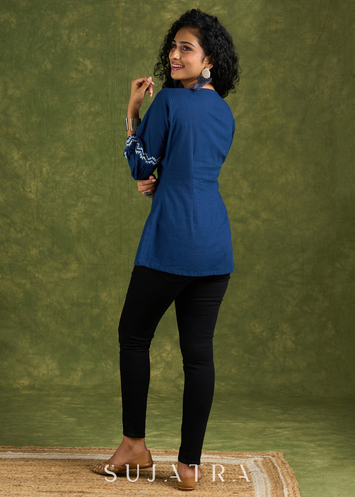 Navy Blue Cotton Top With Indigo Gathered Sleeves.