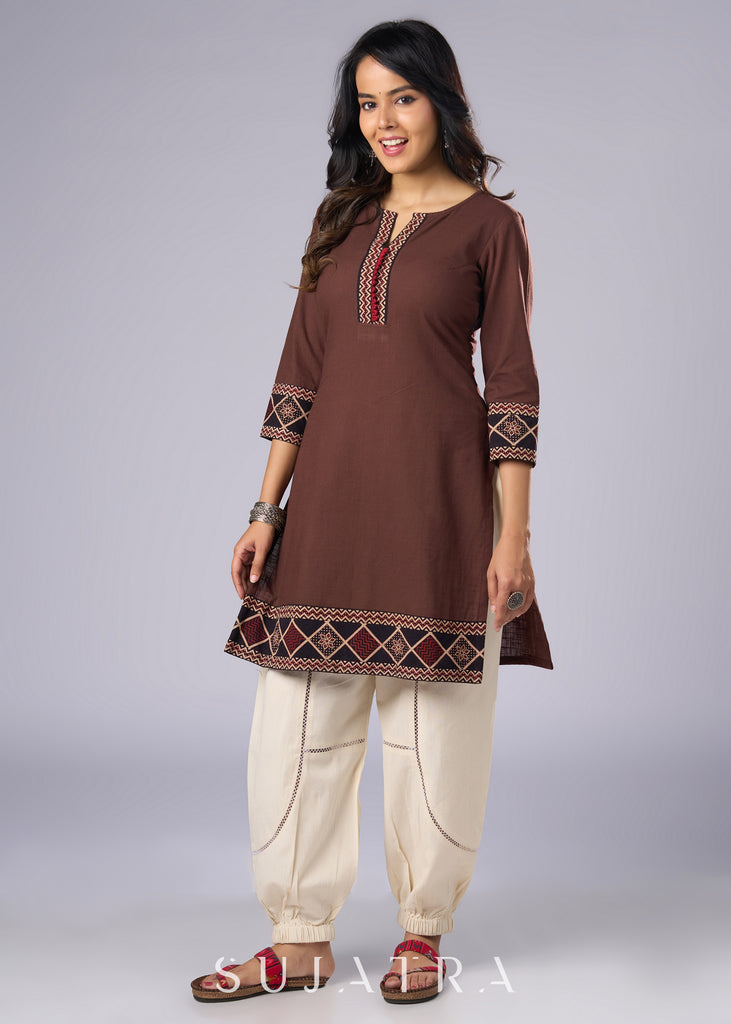 Trendy Brown Cotton Ajrakh Combination Tunic Pant Additional