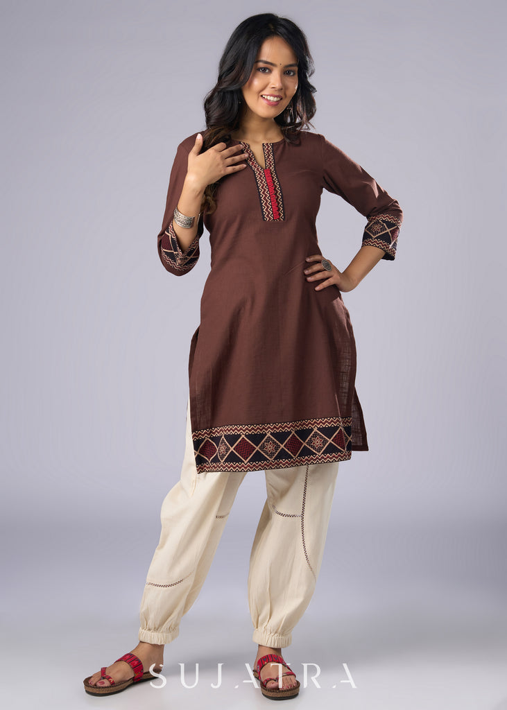 Trendy Brown Cotton Ajrakh Combination Tunic Pant Additional