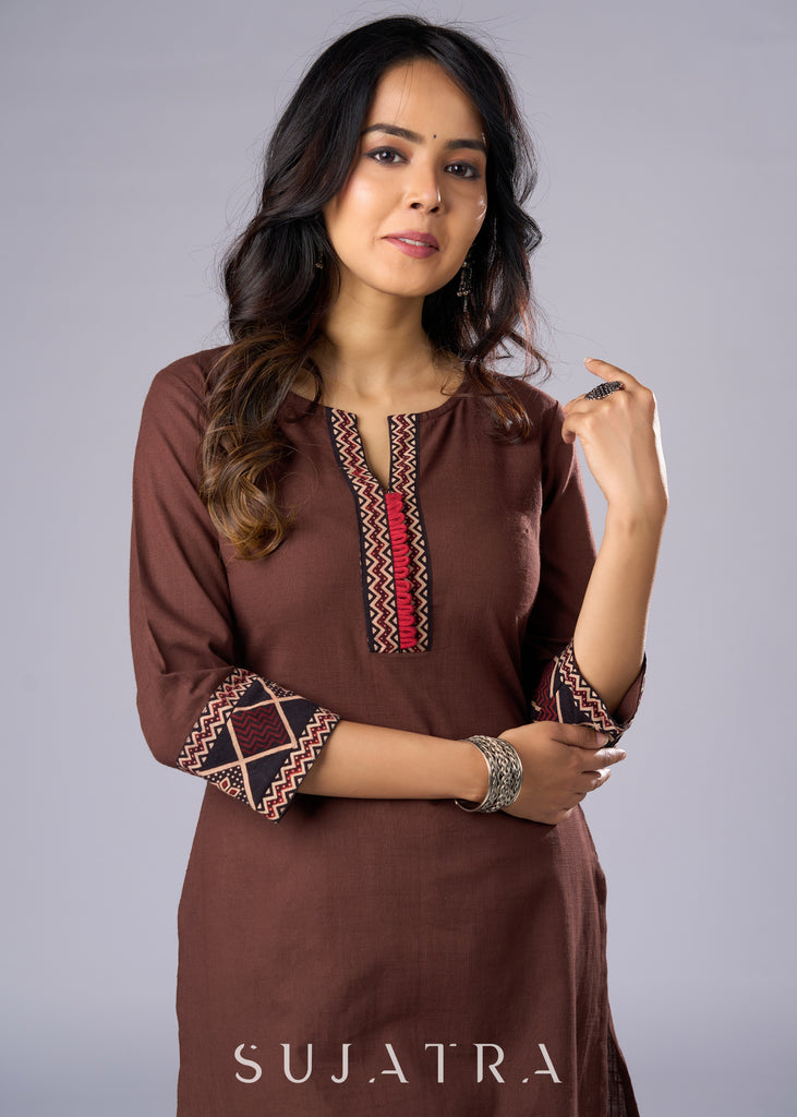 Trendy Brown Cotton Ajrakh Combination Tunic Pant Additional