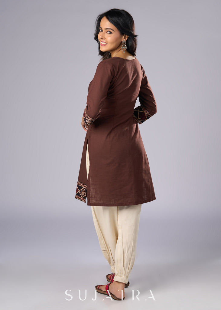 Trendy Brown Cotton Ajrakh Combination Tunic Pant Additional