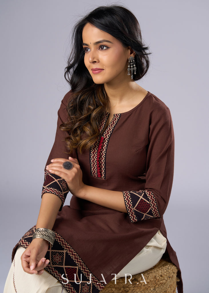 Trendy Brown Cotton Ajrakh Combination Tunic Pant Additional