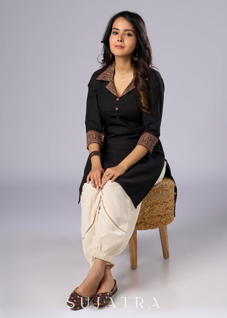 Elegant Black Cotton Ajrakh Collared Tunic Pant Additional