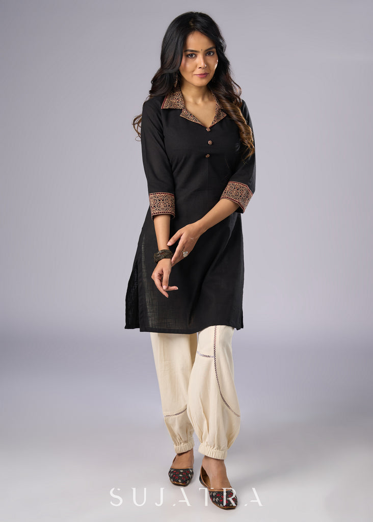 Elegant Black Cotton Ajrakh Collared Tunic Pant Additional