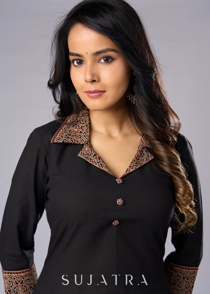 Elegant Black Cotton Ajrakh Collared Tunic Pant Additional