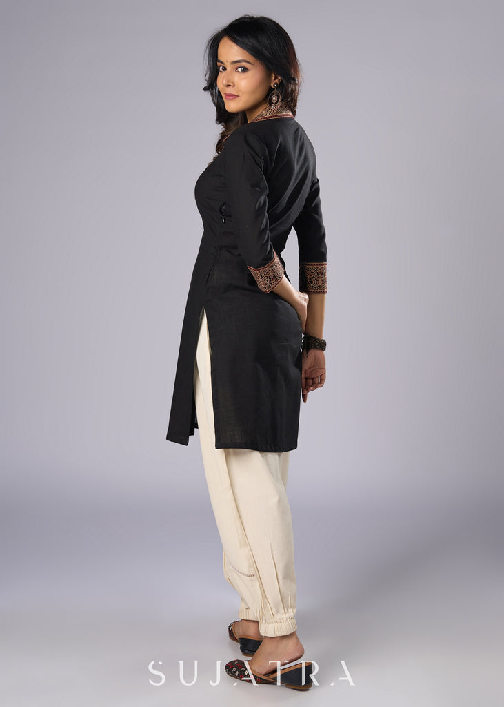 Elegant Black Cotton Ajrakh Collared Tunic Pant Additional