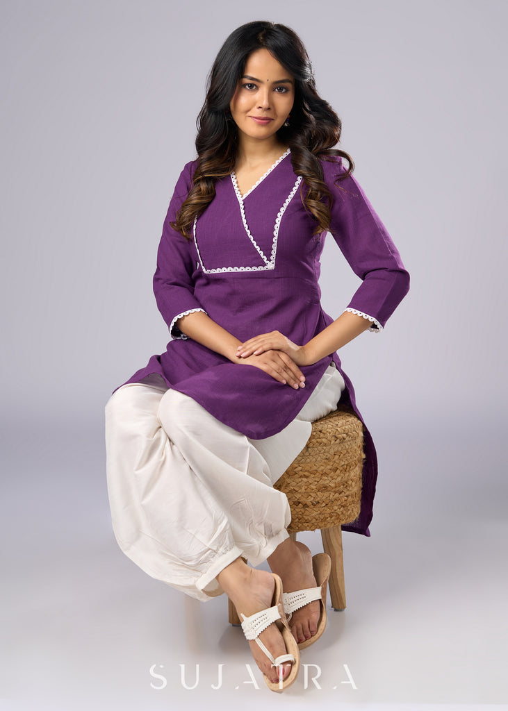 Regal Purple Cotton Tunic Highlighted with Delicate Lace Pant Additional