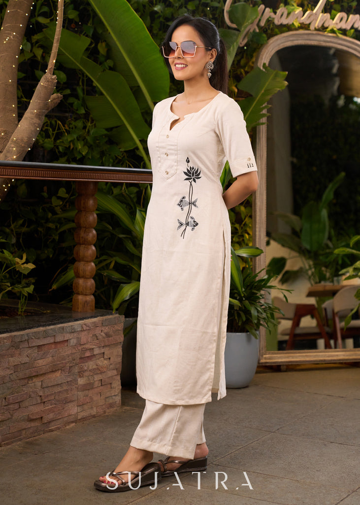 Off-White Cotton Kurta with Hand Painted Motif on One Side - Pant Optional