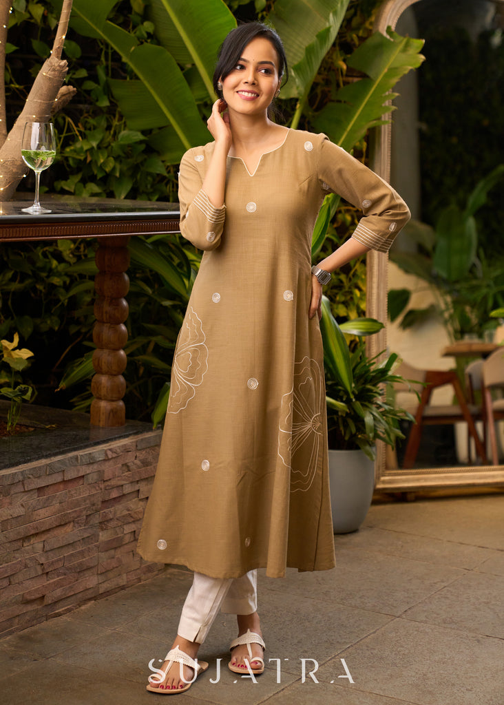 Classy Beige Cotton Kurta with All Over Embroidery - Pant Optional