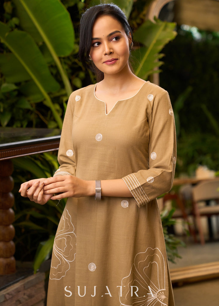 Classy Beige Cotton Kurta with All Over Embroidery - Pant Optional