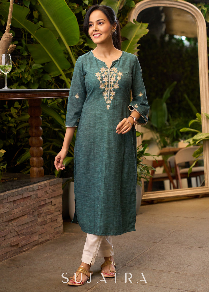 Front Embroidered Turquoise Green Kurta with Bell Sleeves - Pant Optional