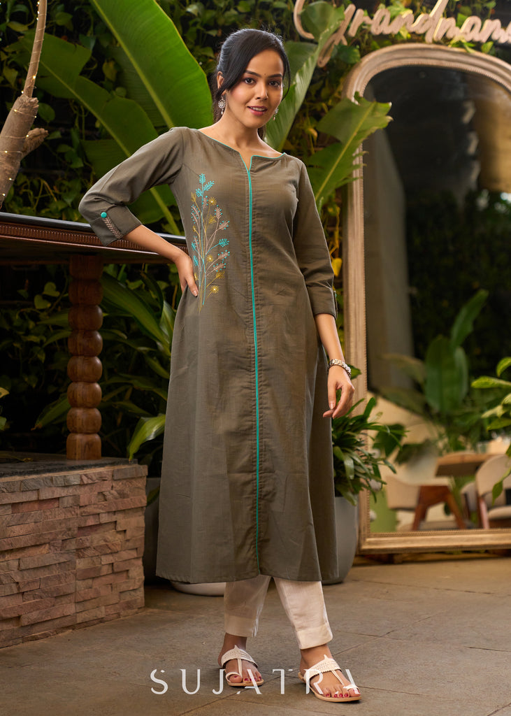 Smart Grey Cotton Kurta with One Side Floral Embroidery - Pant Optional