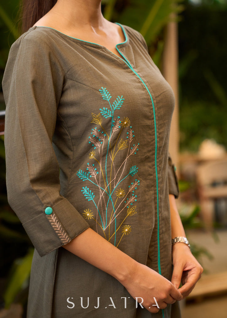 Smart Grey Cotton Kurta with One Side Floral Embroidery - Pant Optional