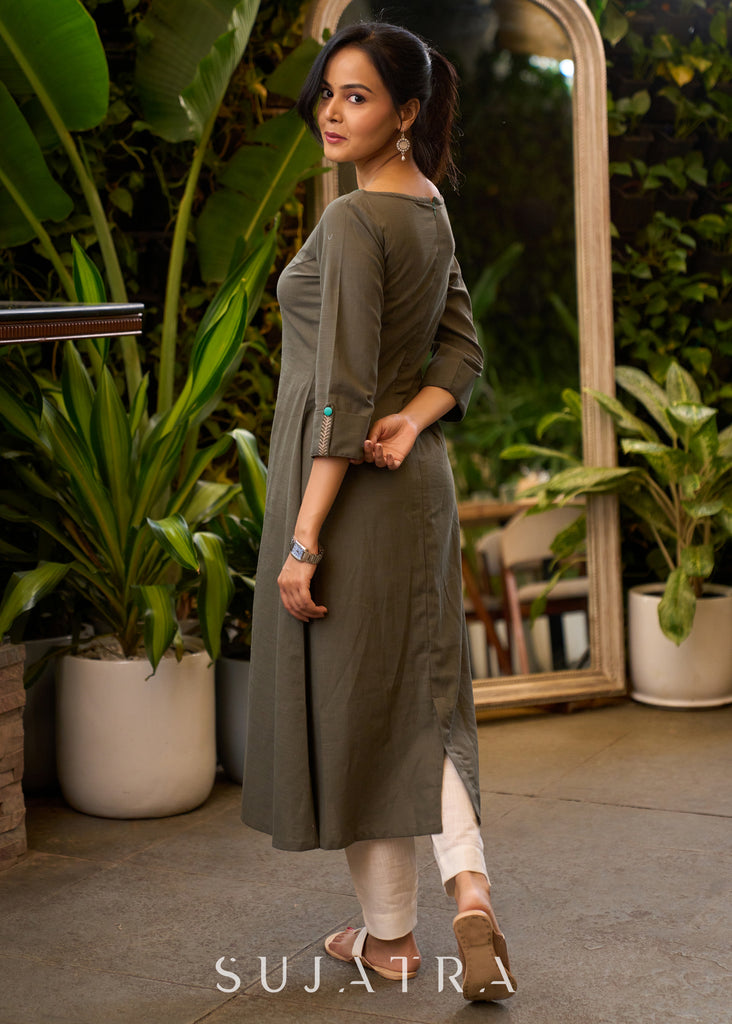 Smart Grey Cotton Kurta with One Side Floral Embroidery - Pant Optional