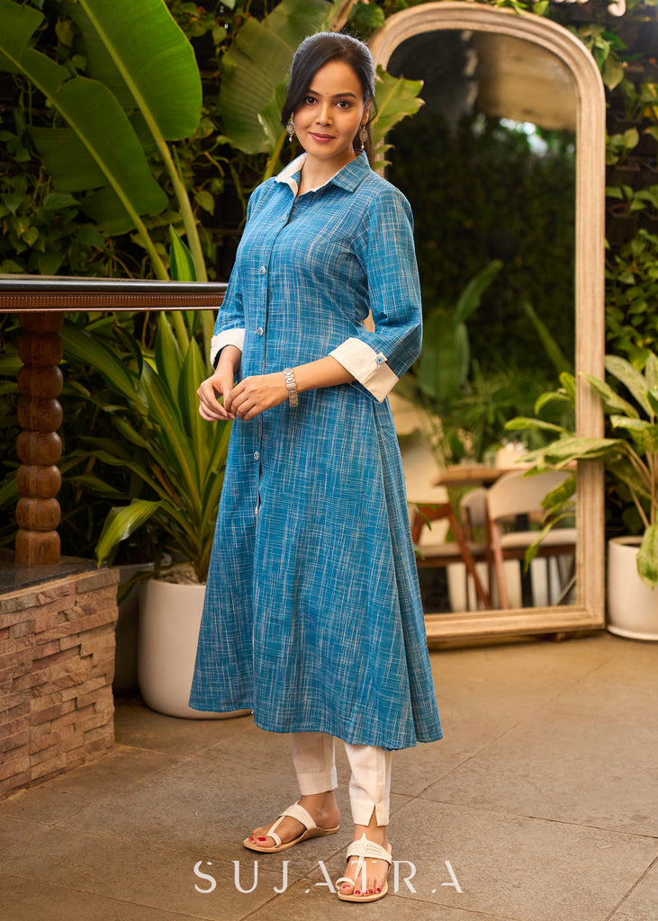 Checkered Blue Cotton Kurta with White Detailing & Stylish Buttons - Pant Optional