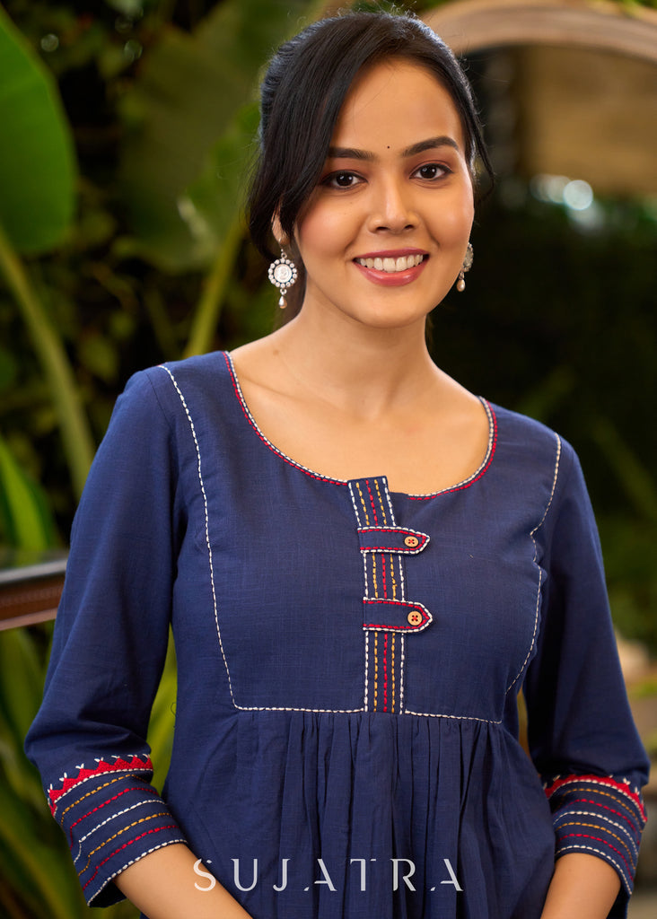 Trendy Navy-Blue Cotton Kurta with Embroidery in Front & Back - Pant Optional