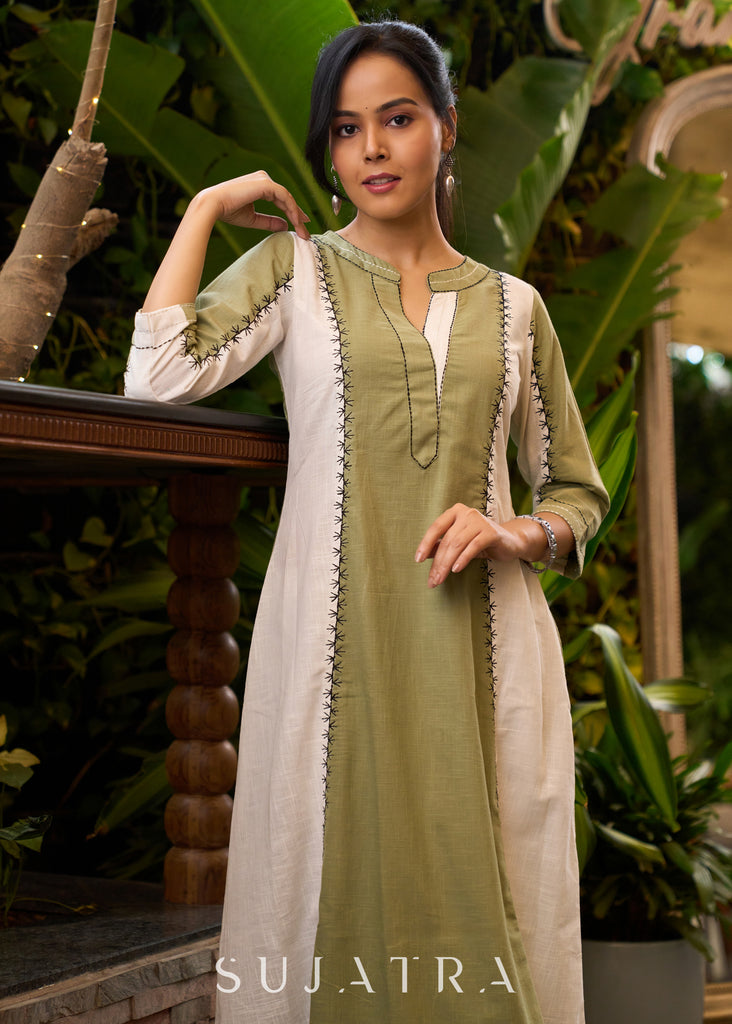 Unique Princess Cut Kurta in Combination of Pista Green & White with Black Embroidery All Over - Pant Optional