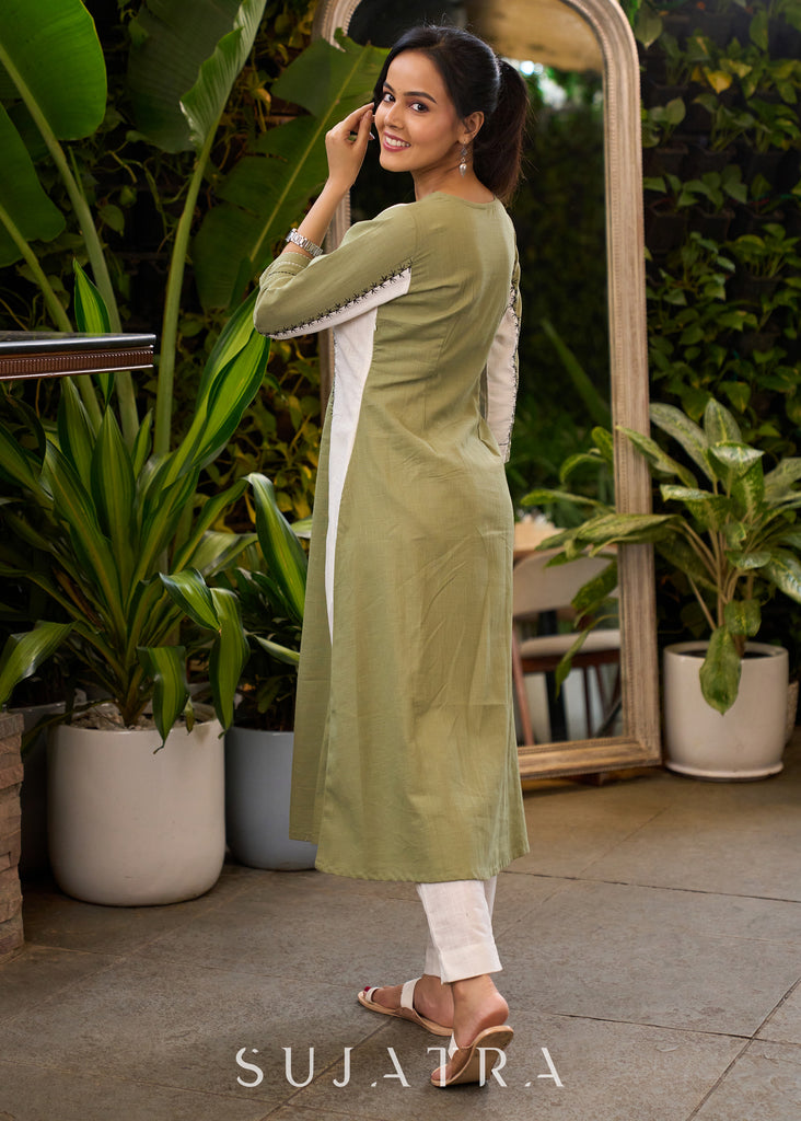 Unique Princess Cut Kurta in Combination of Pista Green & White with Black Embroidery All Over - Pant Optional