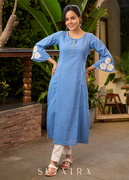 Elegant Powder Blue Kurta with Floral Patchwork Motifs on Sleeves - Pant Optional