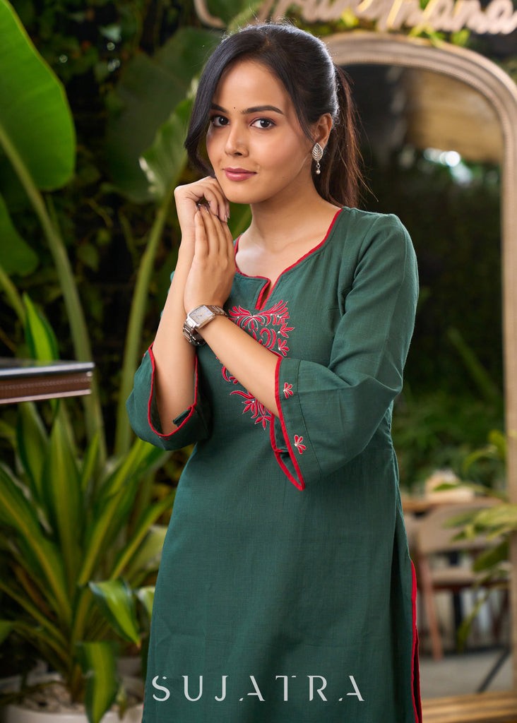 Dark Green Cotton Kurta with Embroidery in Front & Sleeves - Pant Optional