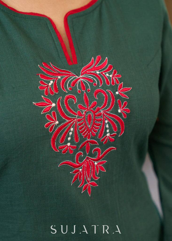 Dark Green Cotton Kurta with Embroidery in Front & Sleeves - Pant Optional