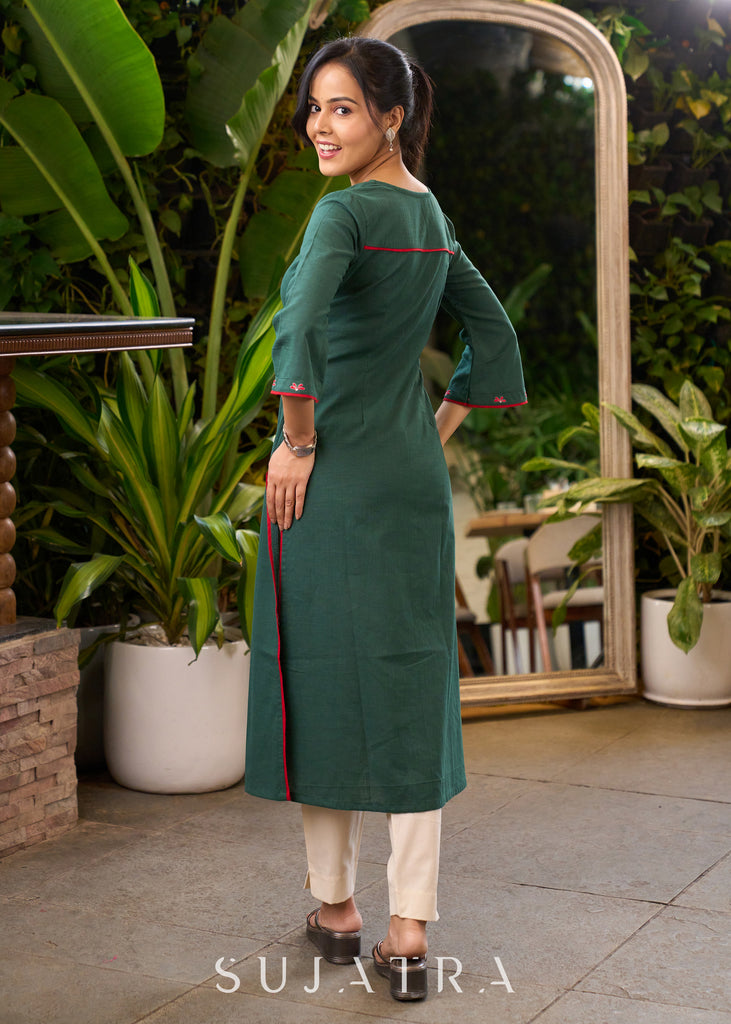 Dark Green Cotton Kurta with Embroidery in Front & Sleeves - Pant Optional