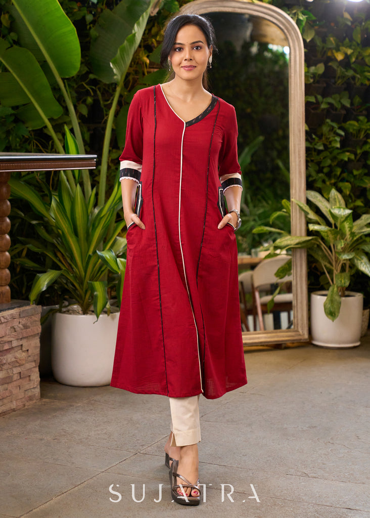 Stylish Maroon Cotton Kurta with Ikat Detailing & Side Pockets - Pant Optional