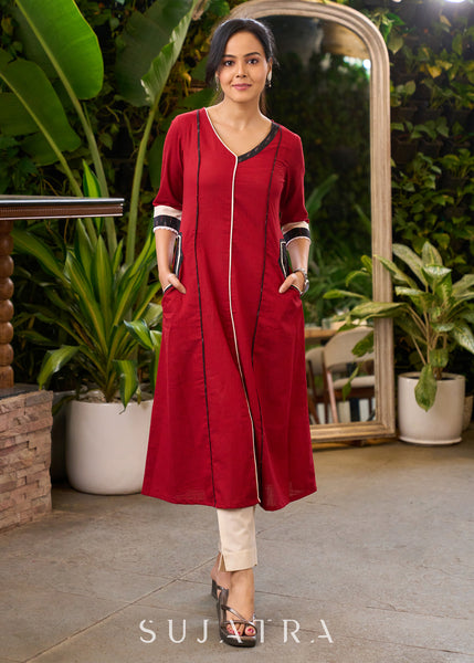 Stylish Maroon Cotton Kurta with Ikat Detailing & Side Pockets - Pant Optional