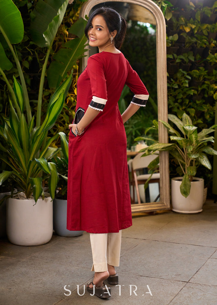 Stylish Maroon Cotton Kurta with Ikat Detailing & Side Pockets - Pant Optional