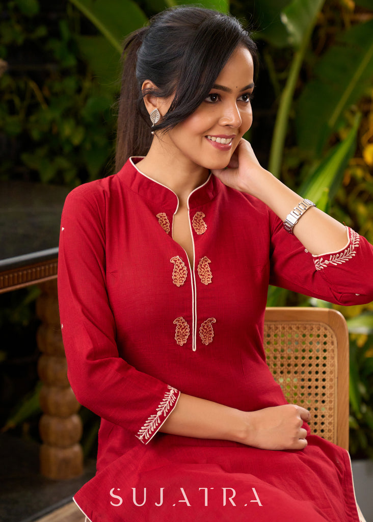 Unique Maroon Cotton Kurta with Ajrakh Patchwork - Pant Optional