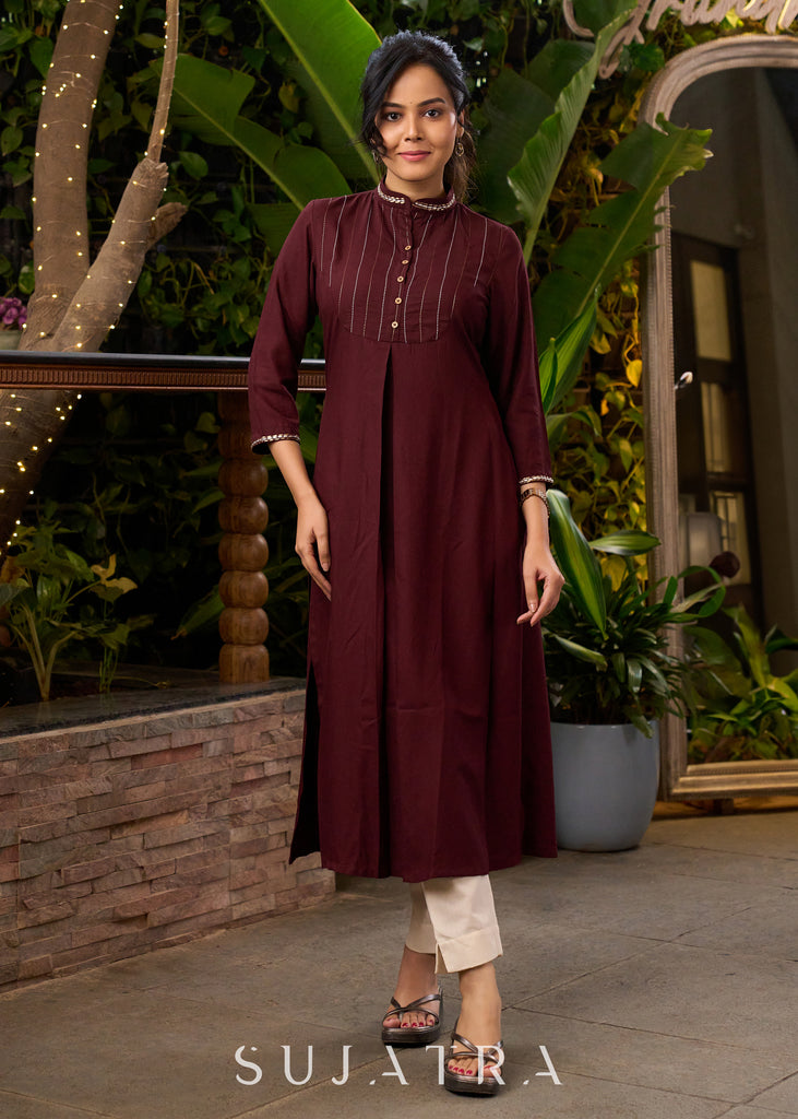 Classy Brown Rayon Kurta with Thread Works in Front & Minimal Embroidery - Pant Optional