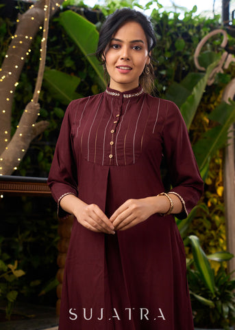 Classy Brown Rayon Kurta with Thread Works in Front & Minimal Embroidery - Pant Optional