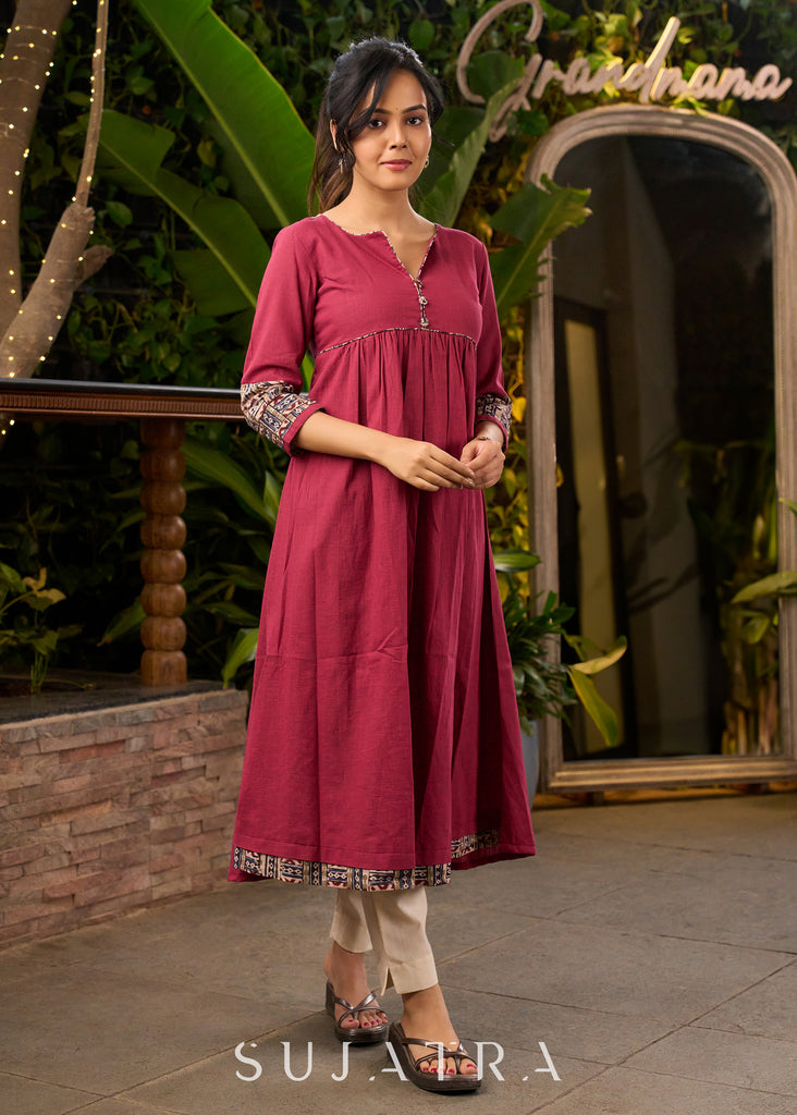 Magenta Cotton Kurta with Front Gathers & Ajrakh Detailing - Pant Optional