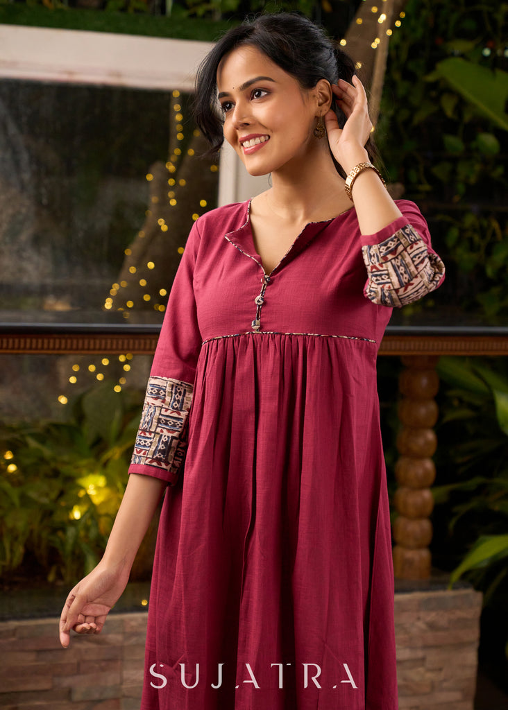 Magenta Cotton Kurta with Front Gathers & Ajrakh Detailing - Pant Optional