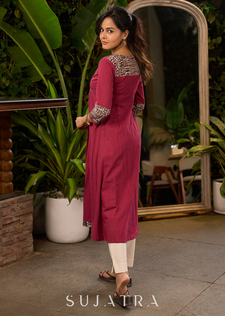 Magenta Cotton Kurta with Front Gathers & Ajrakh Detailing - Pant Optional