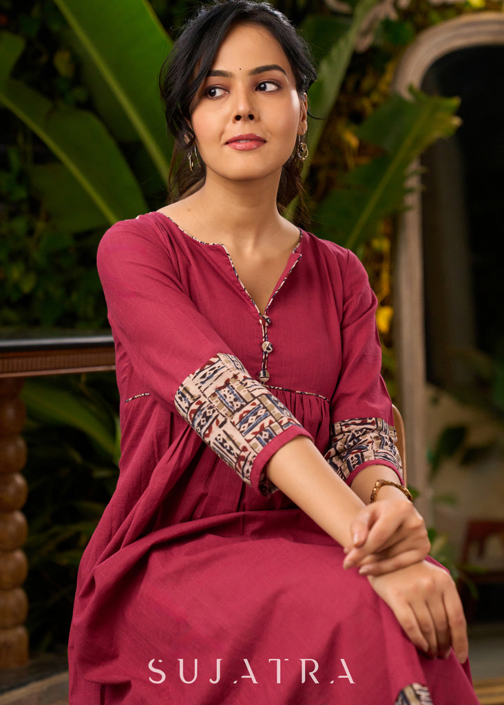 Magenta Cotton Kurta with Front Gathers & Ajrakh Detailing - Pant Optional